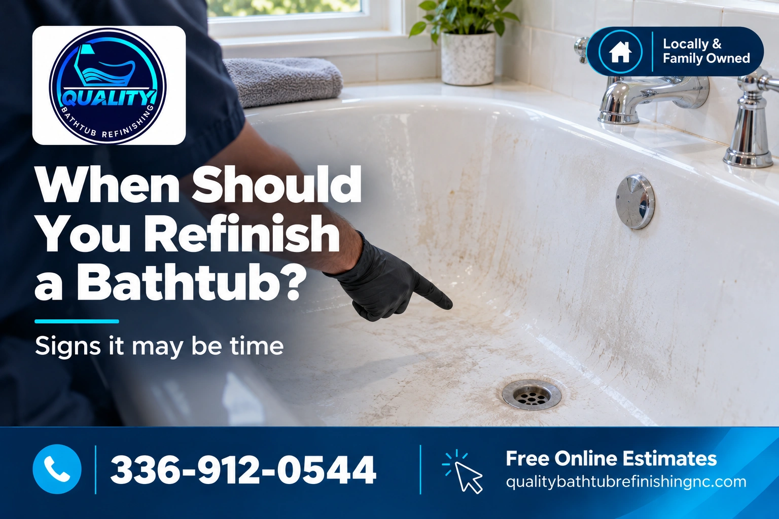 Technician inspecting a worn bathtub for signs that it may need refinishing in North Carolina