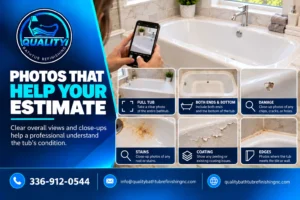 Photo checklist showing useful bathtub views and damage close-ups for a refinishing estimate.