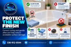 Professional assessing bathtub damage, previous coating, and surface condition before refinishing.