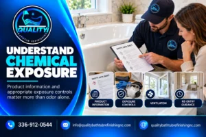  Bathtub refinishing professional reviewing chemical safety documentation and exposure-control precautions with a homeowner.
