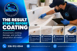  Freshly refinished bathtub showing proper curing and non-abrasive aftercare compared with common cleaning mistakes. 