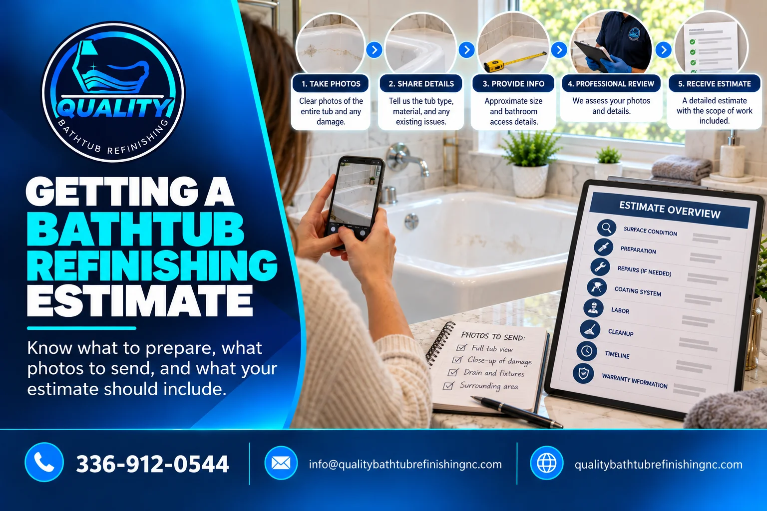 Homeowner preparing photos and information to request a professional bathtub refinishing estimate.