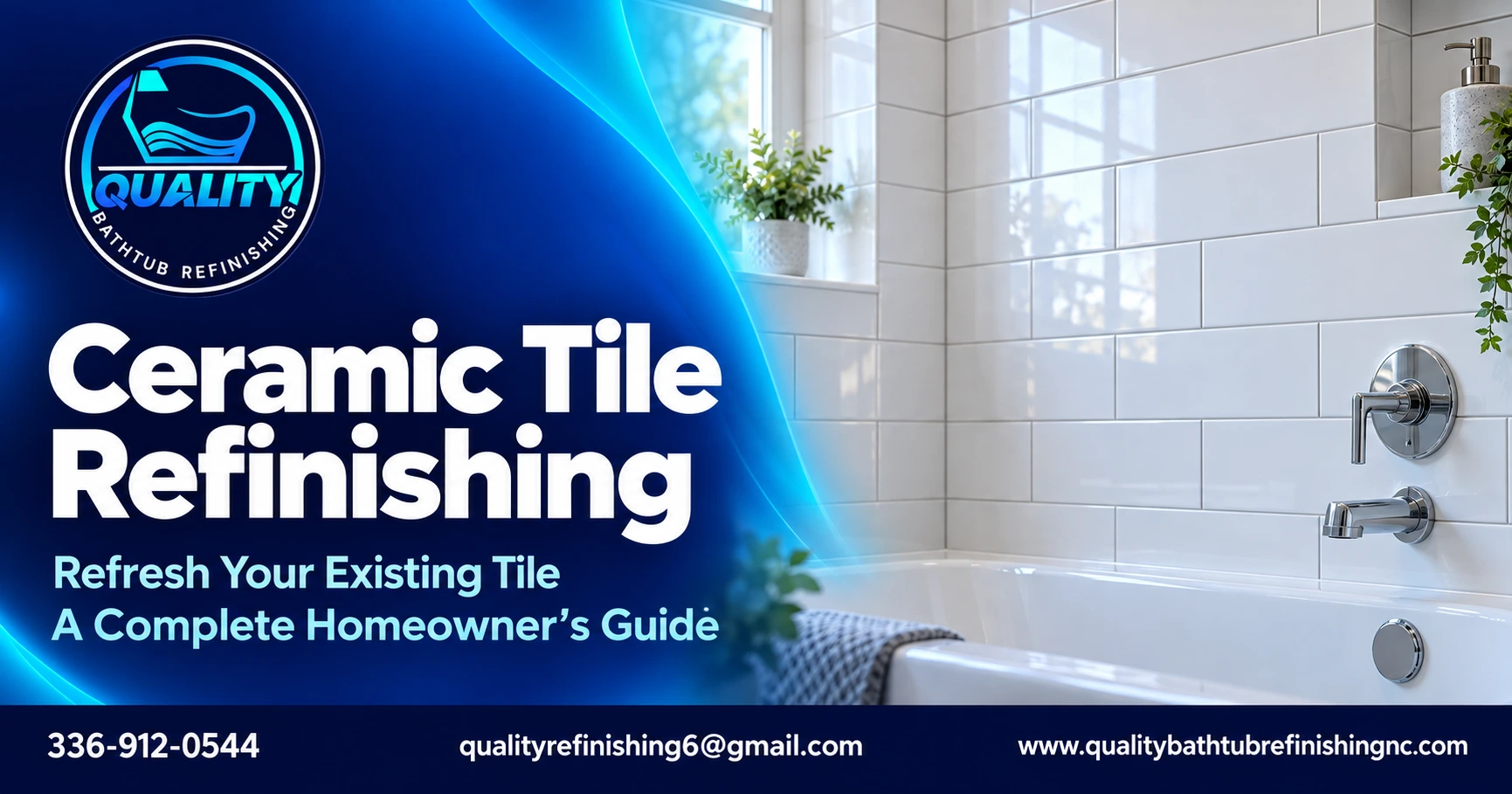 Representative bathroom with smooth white ceramic wall tiles and clearly defined grout lines.
