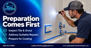 Representative technician inspecting ceramic wall tiles and grout before refinishing.
