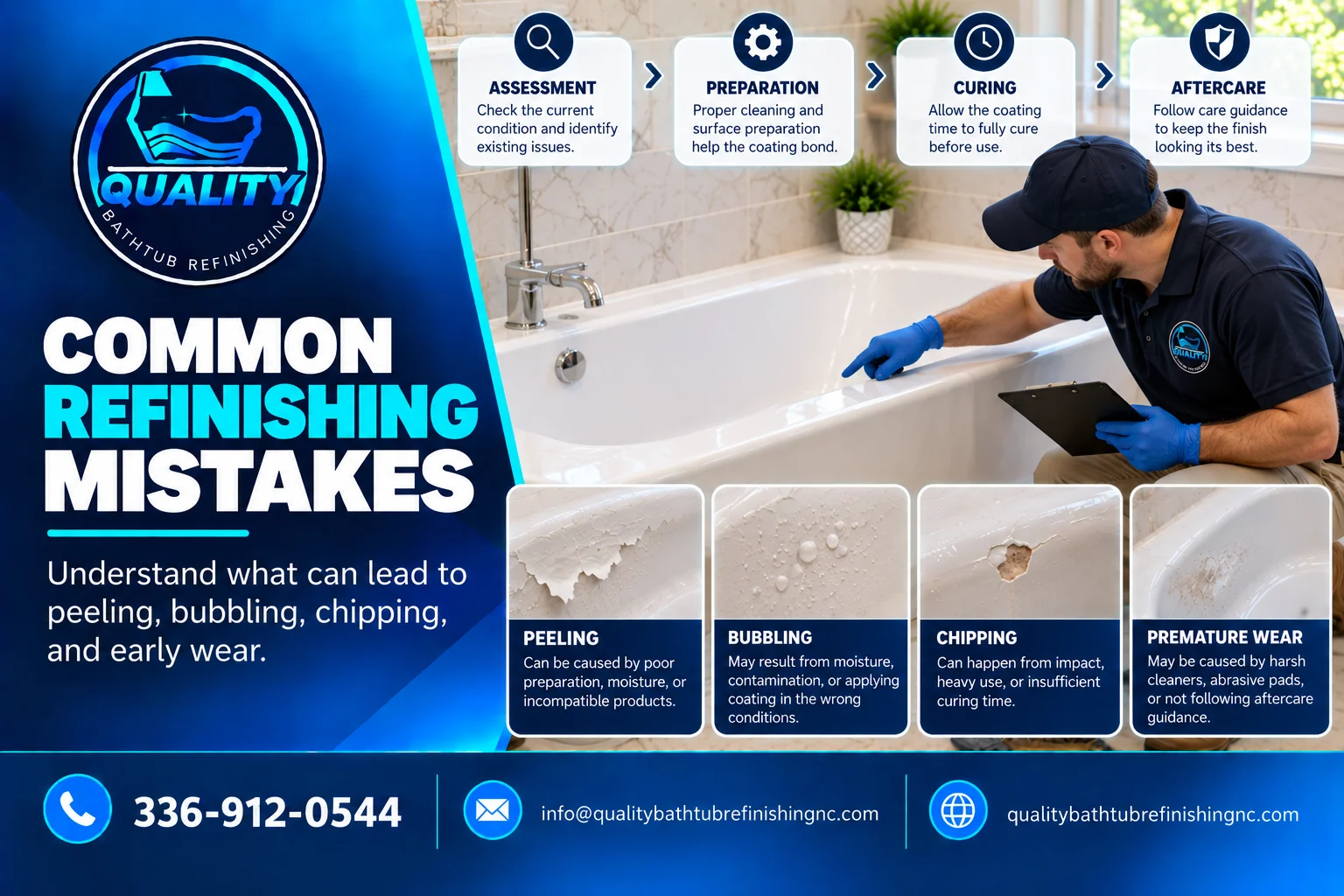 Professional inspecting common bathtub refinishing problems including peeling, bubbling, chipping, and surface wear.