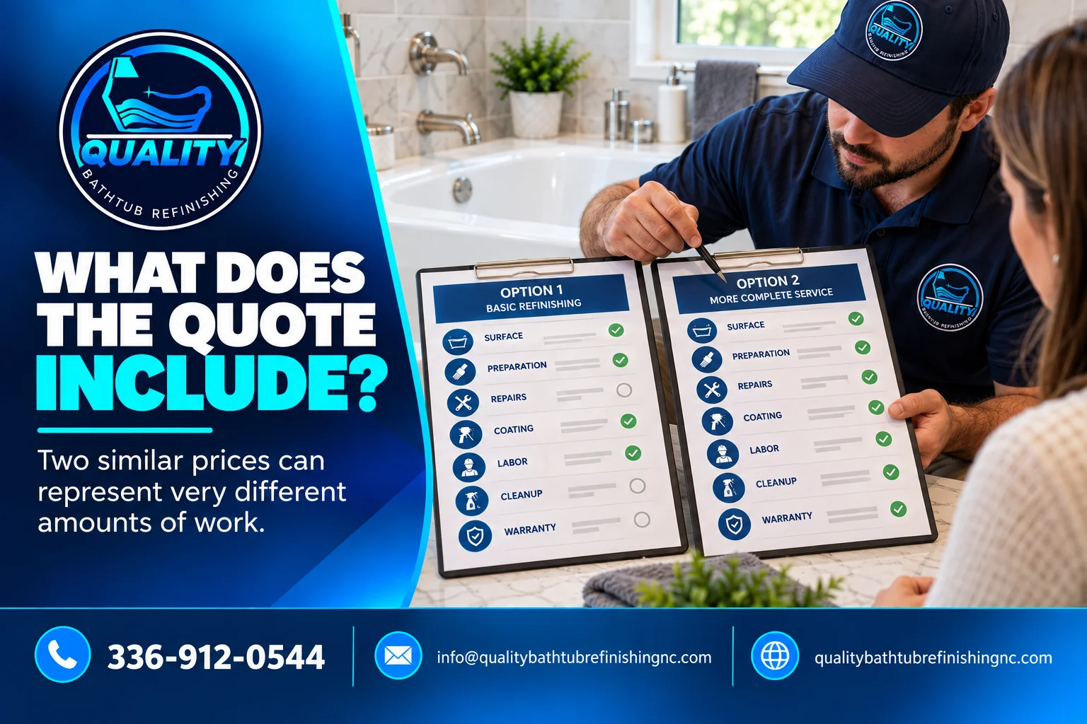Homeowner comparing bathtub refinishing quotes by scope, preparation, repairs, coating, and warranty.