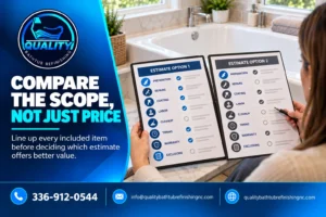 Homeowner comparing bathtub refinishing quotes side by side by preparation, repairs, coating, labor, warranty, and exclusions.