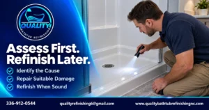 Representative professional inspection of a fiberglass shower before repair or refinishing.

