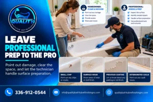 Homeowner discussing bathtub damage while a professional handles inspection and refinishing surface preparation. 