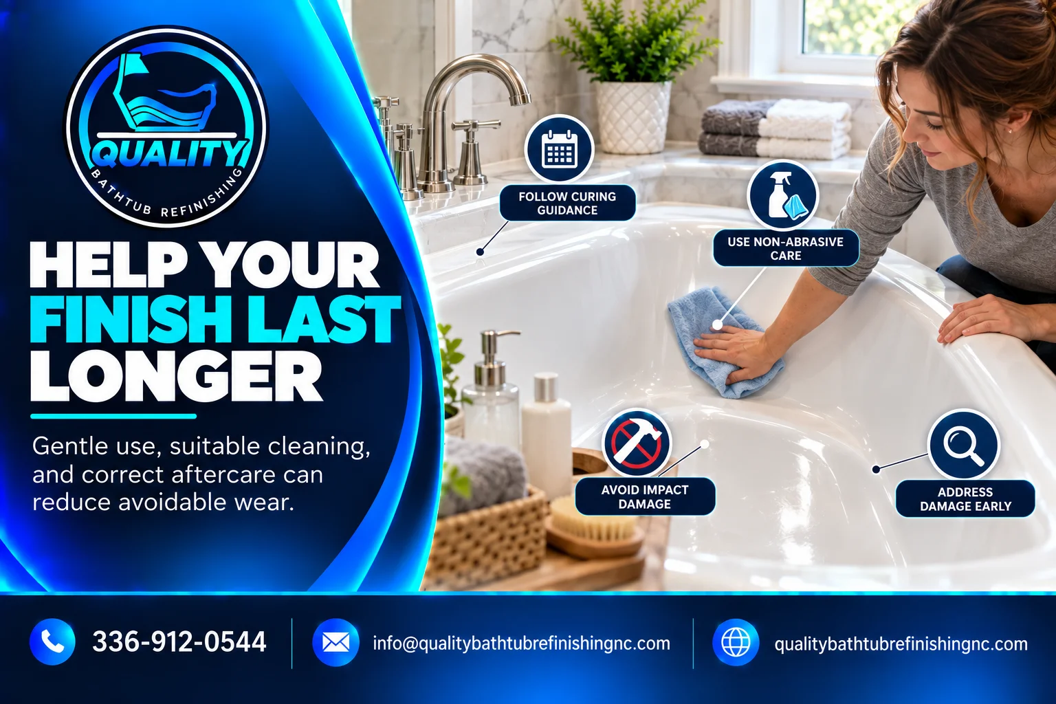 Glossy refinished bathtub illustrating the factors that affect bathtub refinishing lifespan and durability.