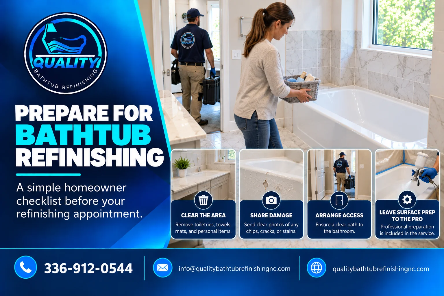 Homeowner preparing and clearing a bathroom before a professional bathtub refinishing appointment.