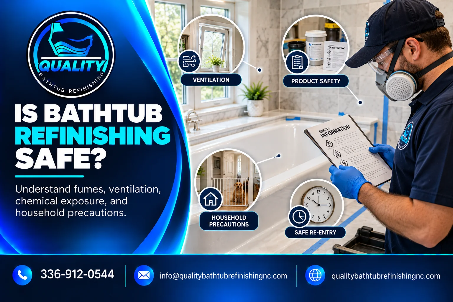 Professional bathtub refinishing technician assessing bathroom safety, ventilation, and chemical exposure precautions.