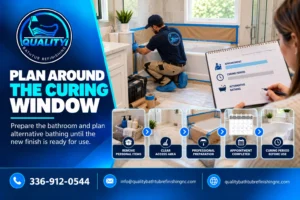 Bathroom prepared for bathtub refinishing with clear access and planning for the appointment and curing period.