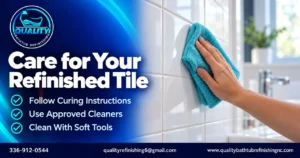 Representative close-up of ceramic wall tile being gently wiped with a soft microfiber cloth.