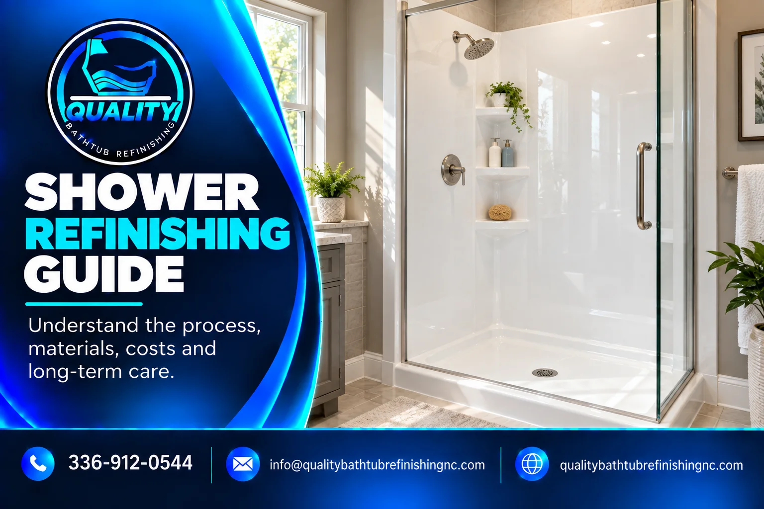 Professional shower refinishing guide showing a newly refinished white shower in a modern bathroom.