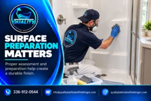Professional technician preparing a fiberglass shower surface before applying a refinishing coating.