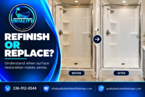 Side-by-side bathroom comparison showing a worn shower surface and a professionally refinished shower.