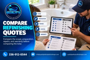 Bathtub refinishing estimates compared by surface, preparation, repairs, coating, labor, cleanup, and warranty.