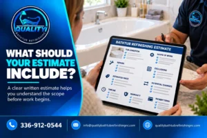 Written bathtub refinishing estimate showing scope of work, repairs, exclusions, timeline, warranty, and other project details.
